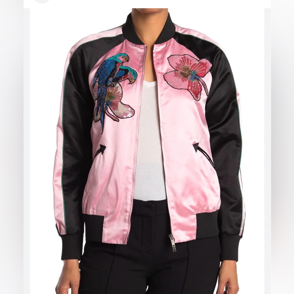 Valentino SZ 40 Pink and Black Bomber Jacket with Parrot and Floral Embroidery
